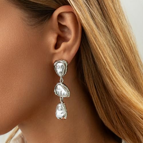 Baroque Pearl Dangle Drop Earrings for Women Gold Plated Irregular Pearl Earrings Fashion Statement Jewelry for Wedding Party - color: Silver