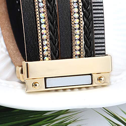 Wowanoo 3Pack Leather Cuff Bracelet Set Multilayer Wrap Bracelet Crystal Feather Tree Bracelet Magnetic Clasp Bracelet for Women - color: ThreeColor