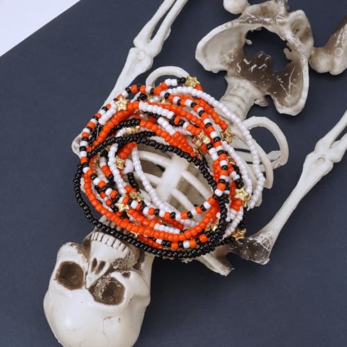 Ardorchid Halloween Bracelets for Women Pumpkin Ghost Steleton Bat Skull Beaded Stackable Stretchy Bracelet Rugby Thanksgiving Christmas Heishi Bracelets - color: Halloween Bracelet -7