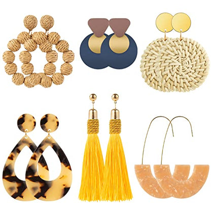 Ponpon 6-18 Pairs Earrings for Women, Lightweight Summer Earrings Straw Earrings Fashion Geometric Statement Hoop Dangle Drop Earrings for Women - style: Style D - 6 Pairs