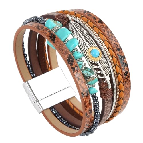 Fesciory Leather Wrap Bracelet for Women, Boho Western Layered Cuff Jewelry | Stackable Bracelets, Easy-On Clasp, Daily Wear, Pairs with Boho Western Outfits, Gift for Women - color: Brown2