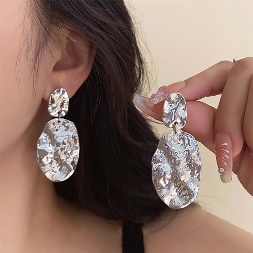 Large Geometric Drop Dangle Earrings for Women Pearl Teardrop Disc Rectangle Oval Fishtail Shell Shaped Textured Dangle Studs Earrings for Women - color: Silver-Oval