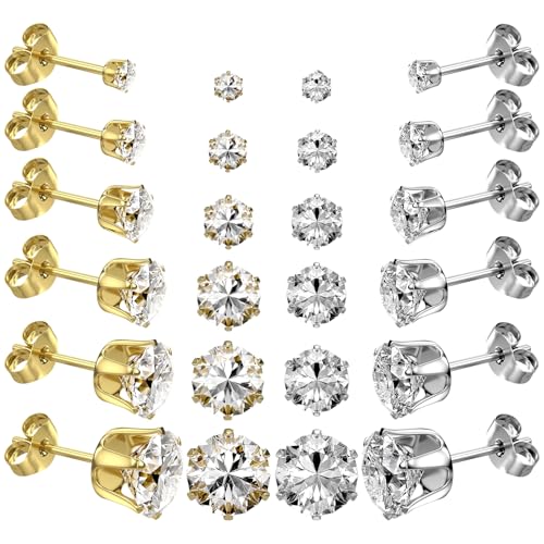 6/12 Pairs Silver Gold Stainless Steel Stud Earrings Set for Women Men | Hypoallergenic, 3 4 5 6 7 8 mm CZ, Lightweight, 14K Gold Plated Surgical 316L, Cubic Zirconia, Multiple Piercing Jewelry - color: Silver/Glod-12Pairs
