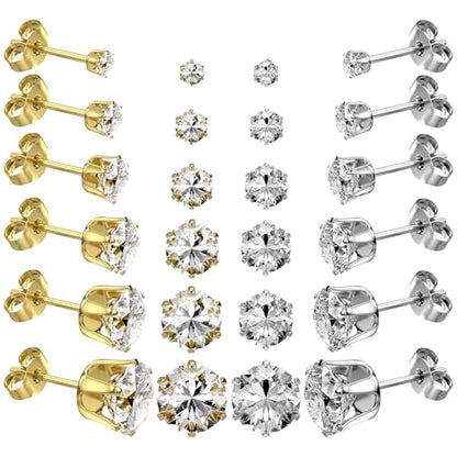 6/12 Pairs Silver Gold Stainless Steel Stud Earrings Set for Women Men | Hypoallergenic, 3 4 5 6 7 8 mm CZ, Lightweight, 14K Gold Plated Surgical 316L, Cubic Zirconia, Multiple Piercing Jewelry - color: Silver/Glod-12Pairs