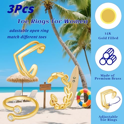 3PCS Toe Rings for Women 14K Gold Filled Adjustable Toe Ring Set Cute CZ Leaf Double Band Open Toe Rings Sterling Silver Plated Hawaiian Beach Summer Foot Jewelry - color: A-Gold