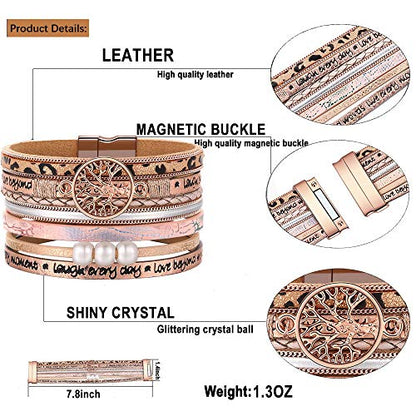 Desimtion Inspirational Tree of Life Boho Leather Wrap Bangle Bracelets for Women, Teen Girl Gifts Trendy Stuff, Fashion Accessories Jewelry Gifts for Women Girls - color: Rose Gold