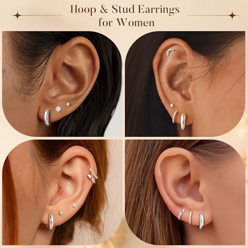 Turandoss 8 Pairs Gold Stud Hoop Earrings for Women | 14K Gold Plated Small Huggie Hoop Earrings, Flat Back Cartilage Earring Stacks Set, Multiple Piercing, Hypoallergenic - color: Silver Plated