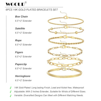Wgoud Waterproof Gold Bracelets for Women Trendy, Dainty 14K Real Gold Plated Fashion Stackable Bracelet Sets for Women Thin Cuban Link Paperclip Chain Bracelets Layered Gold Jewelry Sets Gifts for Womens - color: 6Pcs Gold Bracelet