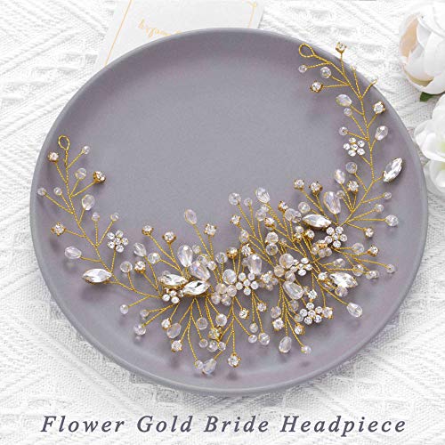 Bride Flower Wedding Hair Vine Crystal Bridal Hair Piece Rhinestone Party Hair Accessories Leaf Hair Jewelry Bead Headpiece for Women - color: Gold