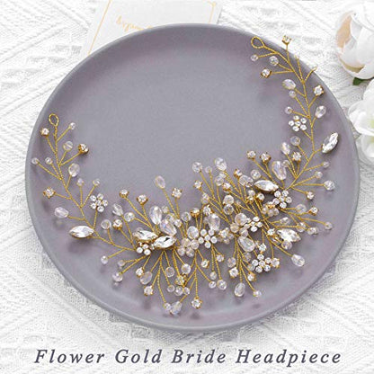 Bride Flower Wedding Hair Vine Crystal Bridal Hair Piece Rhinestone Party Hair Accessories Leaf Hair Jewelry Bead Headpiece for Women - color: Gold