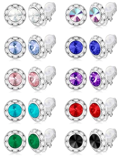 Tornito 10 Pairs Clip on Halo Earrings for Women Crystal Rhinestone Stud Earrings Clip for Dance Competitions Stage Opera Performance Wedding Party Round Shaped Multicolored Ear Clips Jewelry 15mm - color: Multicolor
