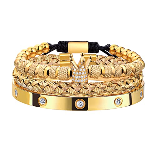 WFYOU 3PCS Stainless Steel Imperial Crown Bracelets for Men Gold Roman Numeral Bangle Bracelet Adjustable Cuff Bracelet Mens Luxury Jewelry Gifts - style: 01:Gold-Cubic Zirconia
