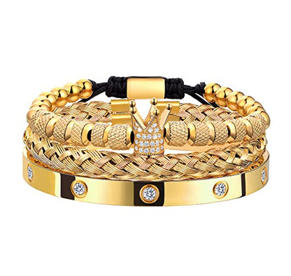 WFYOU 3PCS Stainless Steel Imperial Crown Bracelets for Men Gold Roman Numeral Bangle Bracelet Adjustable Cuff Bracelet Mens Luxury Jewelry Gifts - style: 01:Gold-Cubic Zirconia