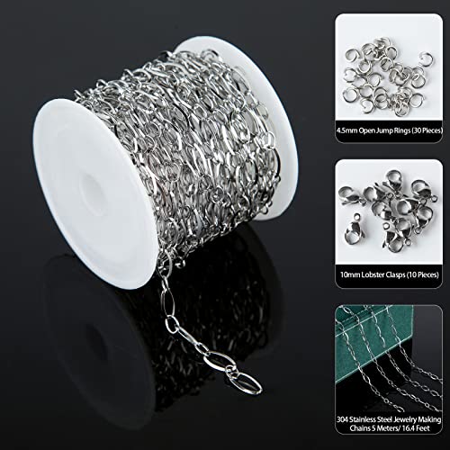 UMAOKANG 16.4 Feet Stainless Steel Chain for Jewelry Making Silver Oval Loop Link Chain on Spool with 30 Jump Rings 10 Lobster Clasps Necklace DIY Supplies - color: Steel
