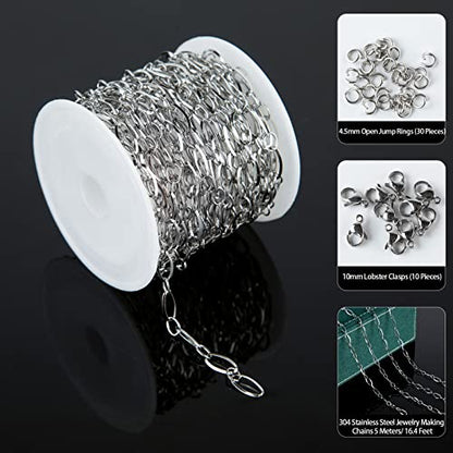 UMAOKANG 16.4 Feet Stainless Steel Chain for Jewelry Making Silver Oval Loop Link Chain on Spool with 30 Jump Rings 10 Lobster Clasps Necklace DIY Supplies - color: Steel