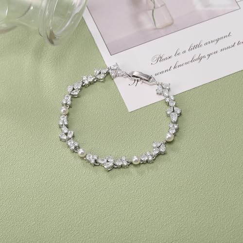 EVER FAITH Cubic Zirconia Pearl Bridal Prom Tennis Bracelet for Women | Elegant Pear CZ Wedding Jewelry Gift, for Bride Bridesmaid - style: Floral_Silver-Plated-Brass
