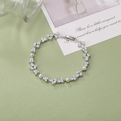 EVER FAITH Cubic Zirconia Pearl Bridal Prom Tennis Bracelet for Women | Elegant Pear CZ Wedding Jewelry Gift, for Bride Bridesmaid - style: Floral_Silver-Plated-Brass