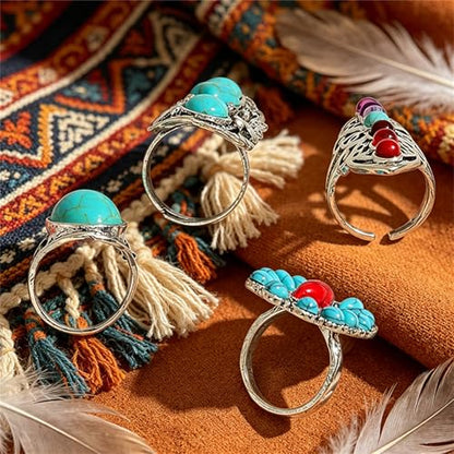 4 Pieces Vintage Turquoise Rings Set for Women Bohemian Western Natural Turquoise Geometric Flower Rings Retro Western Style Country Concert Jewelry Gifts