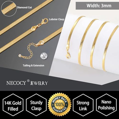 NECOCY 14K Gold Plated Necklaces for Women, Dainty Gold Herringbone Choker Necklace Thin Layered Snake Chain Jewelry for Gifts - color: 3MM 16"-GD Herringbone Necklace