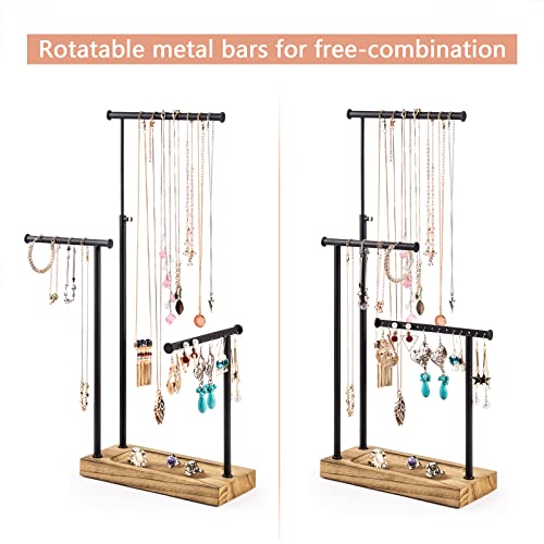 SRIWATANA Carbonized Black Jewelry Organizer Stand, Tall Necklace Holder | 3-Tier 360° Rotating Tall Jewelry Tree with Adjustable Height for Necklaces, Earrings, Bracelets, and Ring Tray - color: carbonized black and black