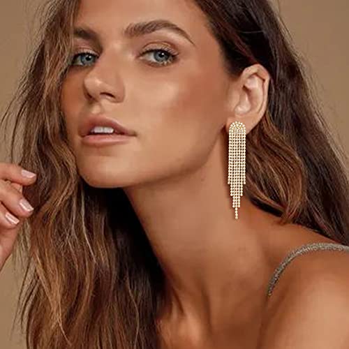 Clip-on Earrings Rhinestone Dangling for Women Fashion Long Chandelier Sparkle Crystal Tassel Dangle Drop Earring - color: Clear-Gold-Tone