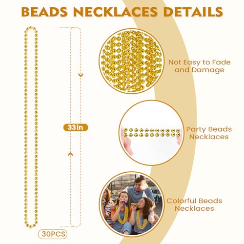 SHAOQINLIN 30 PCS Gold Bead Necklace, Gold Mardi Gras Christmas Beads Necklaces 33" Metallic Beaded Costume Necklaces Party Necklaces for Mardi Gras Parade Throws Wedding Birthday Pirate Party Favors - color: Gold
