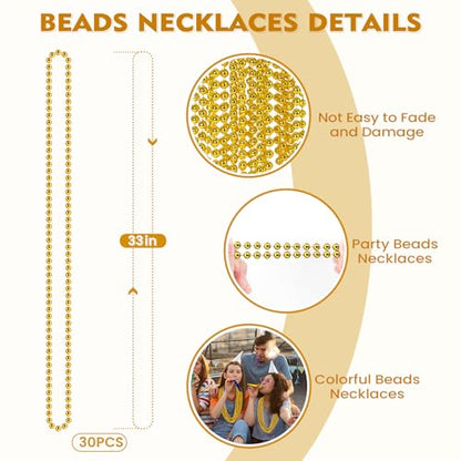 SHAOQINLIN 30 PCS Gold Bead Necklace, Gold Mardi Gras Christmas Beads Necklaces 33" Metallic Beaded Costume Necklaces Party Necklaces for Mardi Gras Parade Throws Wedding Birthday Pirate Party Favors - color: Gold