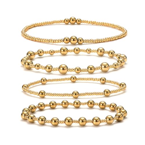 Dainty Gold Plated Pearl Crystal Beaded Bracelets Set for Women 14K Gold Plated Bead Pearl Beads Bracelet Stackable Paperclip Link Chain Bracelets Gold Plated Bracelets for Women Trendy Jewelry - color: Style9-multi layer-4pcs