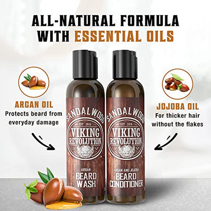 Viking Revolution Beard Wash & Conditioner Set - Sandalwood - 5 oz | Formulated with Argan & Jojoba Oils - Softens & Strengthens Beard - Sandalwood Scent - size: 5 Fl Oz (Pack of 2)