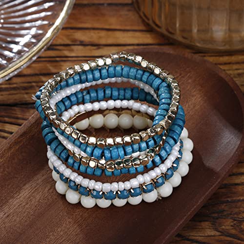 LUREME Boho Multi Strand Stackable Stretch Bracelet Set Wooden Cube Alloy Bead Bangle bl003172 - color: Blue
