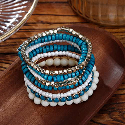 LUREME Boho Multi Strand Stackable Stretch Bracelet Set Wooden Cube Alloy Bead Bangle bl003172 - color: Blue