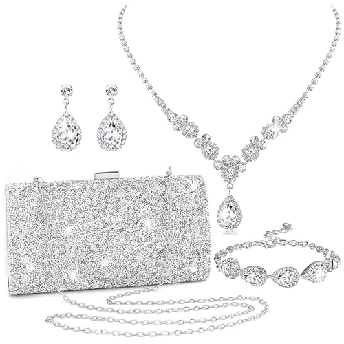 FEYIR Clutch Purse Jewelry Set for Women Evening Bags Rhinestone Crystal Necklace Earrings Bracelet Set Formal Wedding Bridal Accessories Jewelry for Prom - color: Charming