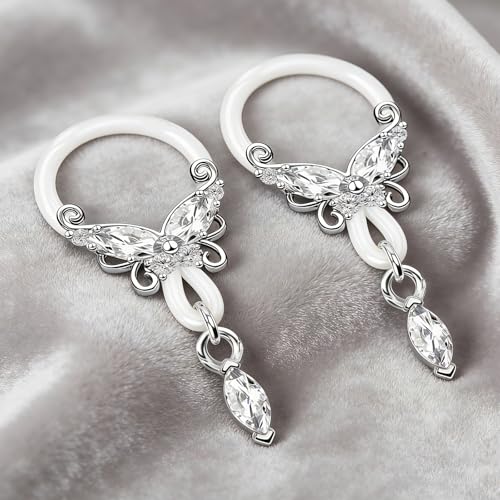 2 Pcs Butterfly Fake Nipple Rings for Women, CZ Nipple Noose Nipple Jewelry Non Piercing Dangle Nipple Ring, Non Pierced Nipple Body Jewelry - color: silver