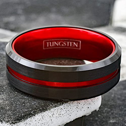 Personalized Engraved 6mm/8mm Black Tungsten Carbide Band Ring w/Fire Engine Red Stripe & Red Anodized Aluminum Inner Band feat. Comfort Fit.