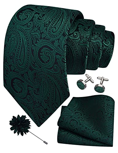 GUSLESON 3.15"（8cm） Mens Tie and Lapel Pin Paisley Necktie Hankerchief Cufflinks Set for Men - color: Emerald Green