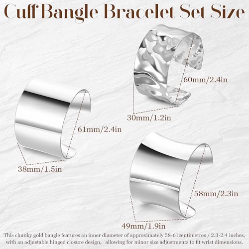 3PCS Chunky Cuff Bracelets for Women Irregular Minimalist Statement Bangle Bracelets Set Open Wide Wire Grooved Hammered Bangle Bracelet Gold Sliver Wrist Cuff Wrap Bracelet Adjustable - color: Silver Cuff Bracelets D