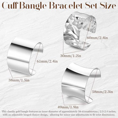 3PCS Chunky Cuff Bracelets for Women Irregular Minimalist Statement Bangle Bracelets Set Open Wide Wire Grooved Hammered Bangle Bracelet Gold Sliver Wrist Cuff Wrap Bracelet Adjustable - color: Silver Cuff Bracelets D