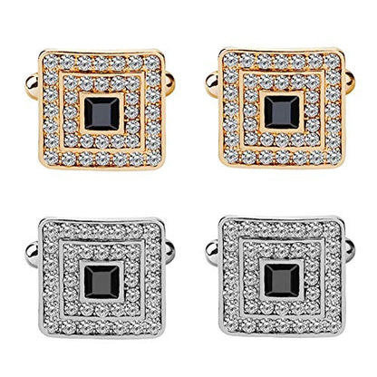 Black and Silver Gold Concentric Diamond Clear Crystal Dust Cufflinks, AILUOR Tuxedo Shirt Cufflinks French Style Shirt Studs - color: Gold