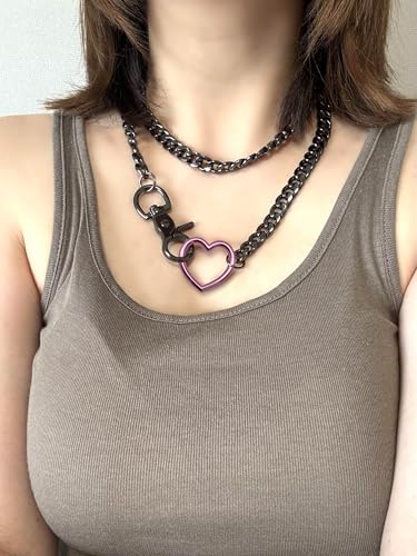 paloli Women's Slip Chain Rainbow Heart O-Ring Chunky Chain Necklace, Rays Cuban Long Layered Jewelry, Adjustable Lariat Y-Necklace Heart Loop Choker - color: G-Heart-Black-Pink