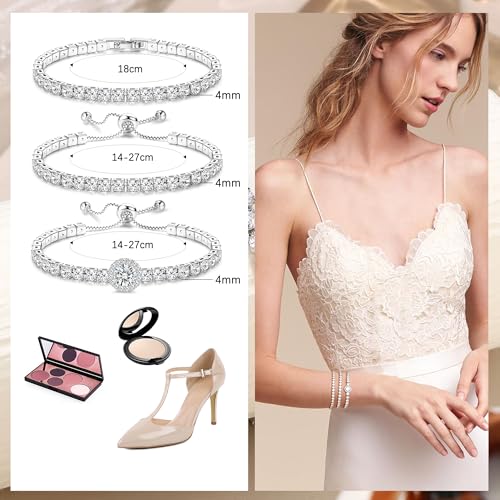 YADOCA 3Pcs Silver Tennis Bracelets For Women Diamond Bracelets Jewelry | Silver Bracelet Stack Cubic Zirconia CZ Adjustable Stackable Bracelets Set For Prom Wedding Gift - style: C:Round CZ-1