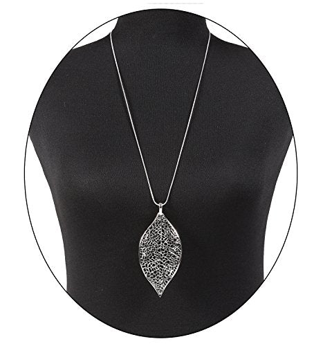 NLCAC Filigree Leaf Pedant Necklace Snake Chain Gorgeous Hollow Leaf Necklace for Women - color: Silver Tone