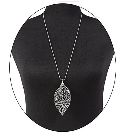 NLCAC Filigree Leaf Pedant Necklace Snake Chain Gorgeous Hollow Leaf Necklace for Women - color: Silver Tone