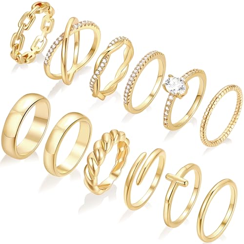 FAXHION 12 PCS Dainty 14K Gold Rings for Women, Eternity Open Chunky Twist Simulated Diamond Criss Cross Designs, Non Tarnish Gold Plated Stacking Thumb Ring, Perfect for Wedding Bands Size 5-11 - color: gold