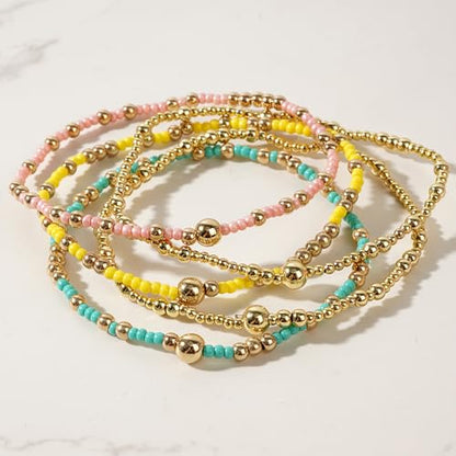 Stack Small Seed Bead Bracelets Set for Women, Boho Handmade Colorful Stretch Accessories Jewelry, Summer Beach Daily Wear Holiday Friendship Gift - color: Green