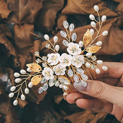 Unicra Flower Bride Wedding Hair Comb Leaf Gold Bridal Headpiece Pearl Hair Accessories Crystal Hair Piece Jewelry for Women (B Gold) - color: B Gold