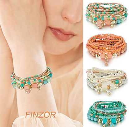 8 Sets Bohemian Stackable Bead Bracelets for Women Bohemian Bracelets Stretch Multi Layered beads Bracelet Set Boho Multicolor Jewelry