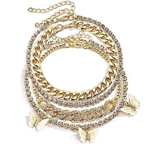 Layered Butterfly Anklet for Women Charms Butterfly Gold Plate Silver Plate Rhinestone Cuban Anklets Adjustable Anklet for Summer Beach - color: Gold plate