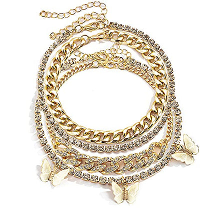Layered Butterfly Anklet for Women Charms Butterfly Gold Plate Silver Plate Rhinestone Cuban Anklets Adjustable Anklet for Summer Beach - color: Gold plate