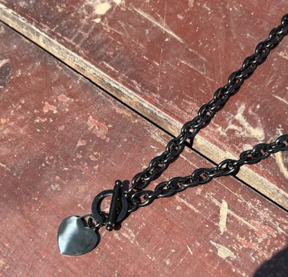 WangGao Elegent Love Stainless Steel Link Chain Blank Heart Charms Necklace for Women Toggle Clasp Closure - color: Black, size: 17.72inches