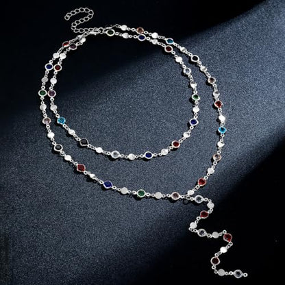 Colorful Crystal Long Necklace for Women Dainty Boho Y-Shaped Color Bead Necklaces Sparkly Rhinestone Pendant Layered Gold Long Chain Choker Good Luck Trend Jewelry Gift Jewelry - color: Double Layer Silver